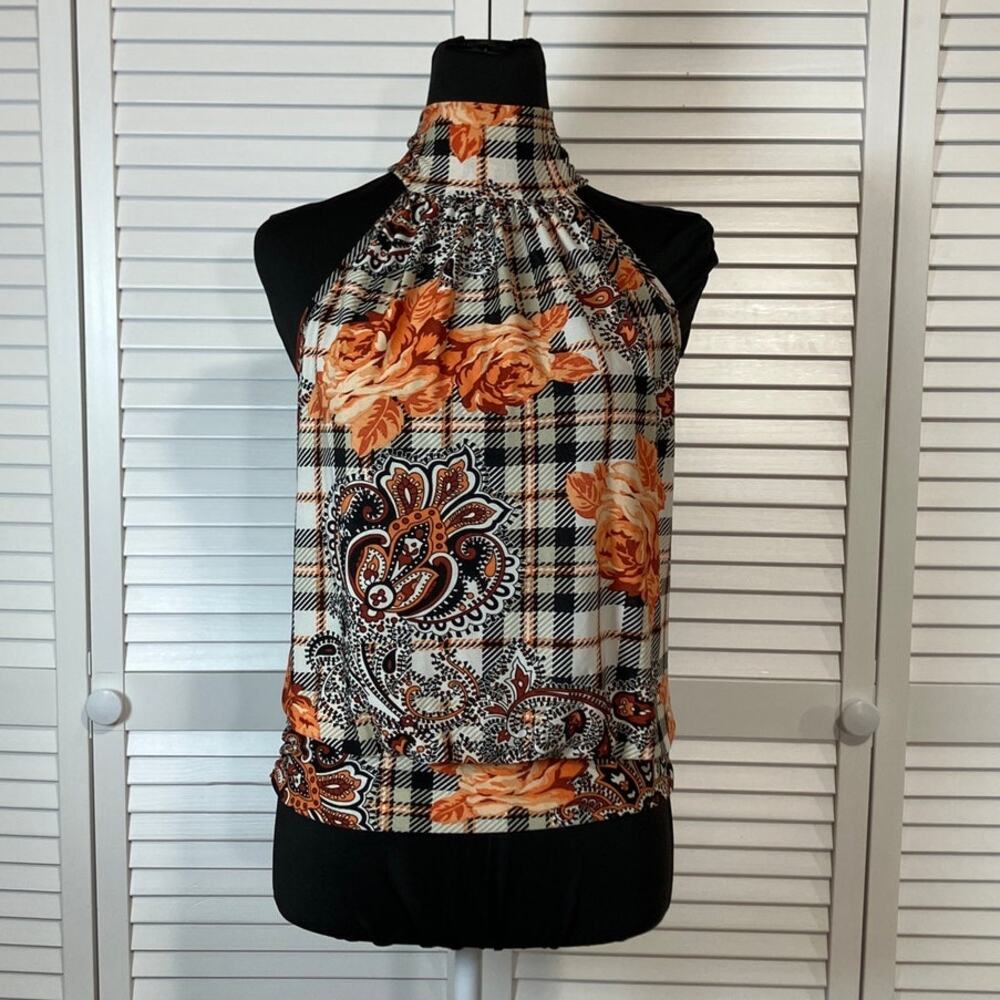 Vixen Vintage Glamour White Mixed Plaid Floral Paisley Halter Neck Blouse L